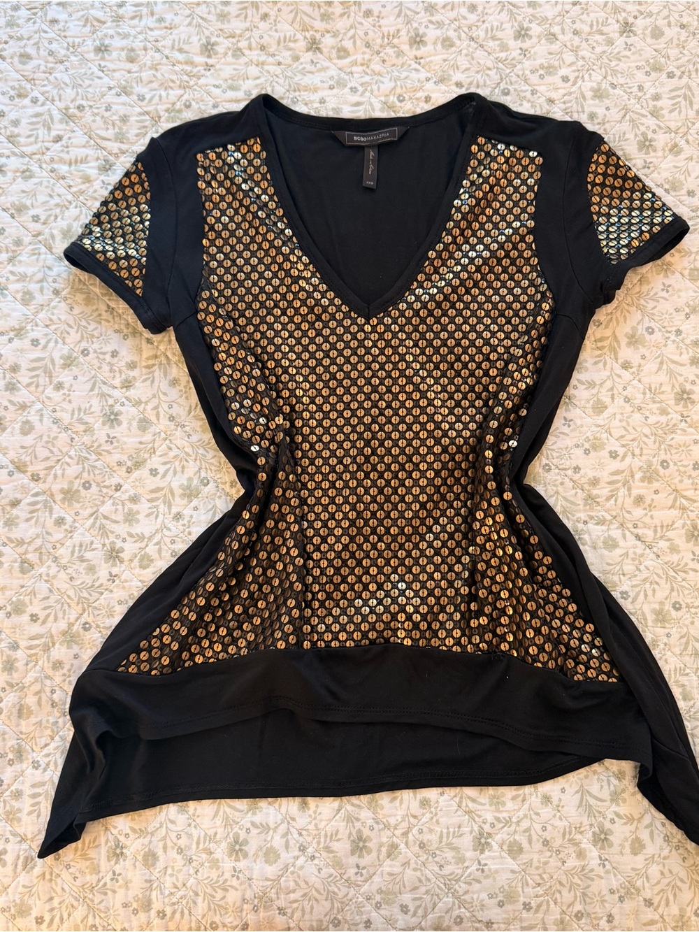 Y2k BCBG black top with gold sequins